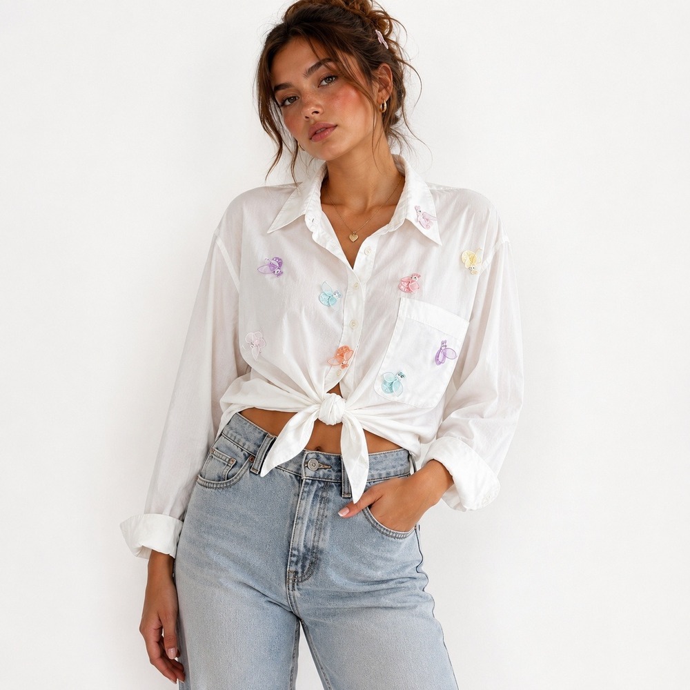 Mili Designs Button Down Women XL White Excellent 3D Butterfly Appliqué Blouse